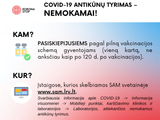 Įsigalioja SAM tvarka dėl nemokamų antikūnų testų