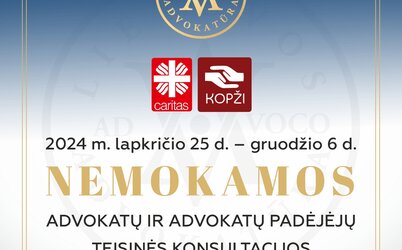 Dvi savaites Lietuvos advokatai dovanos nemokamas konsultacijas besikreipiantiems į Caritas ir KOPŽI